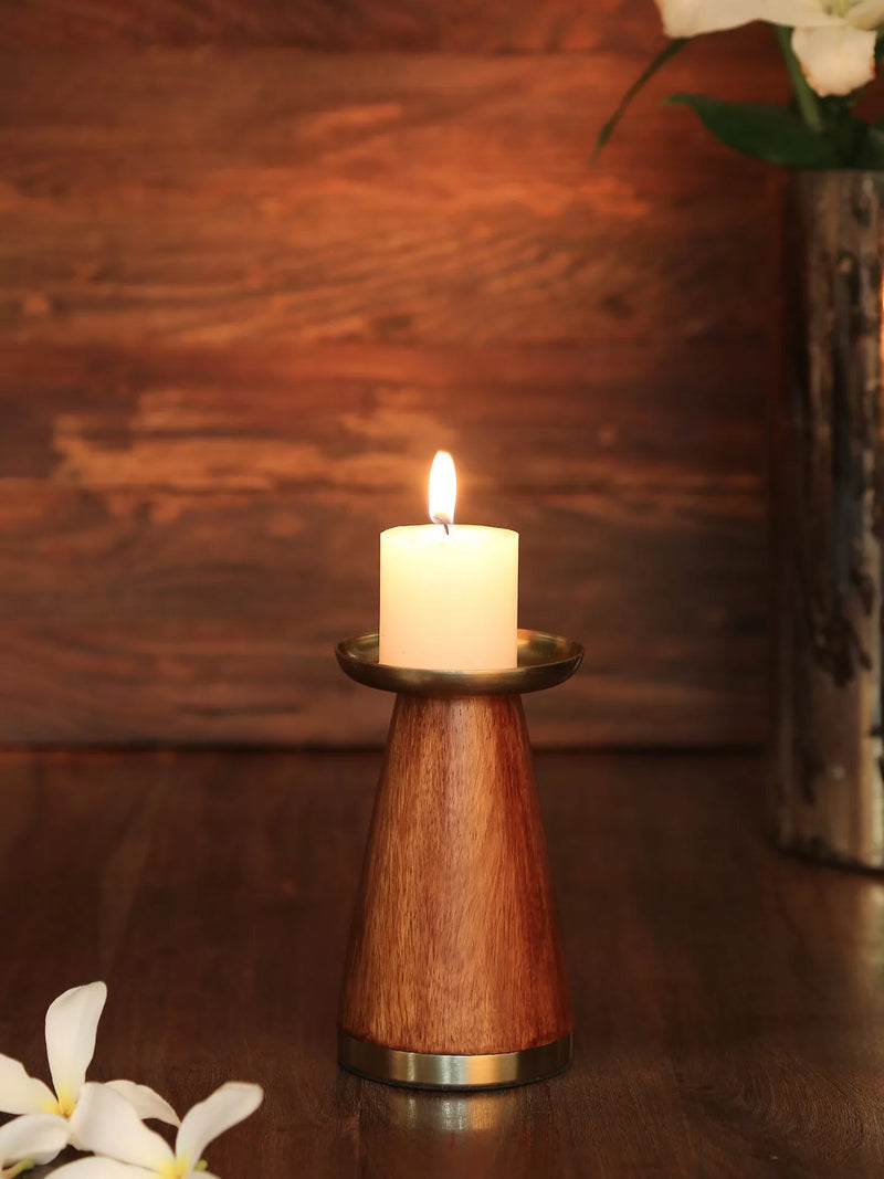 Candle Holder - Wooden Pillar With Brass Top Set of 2