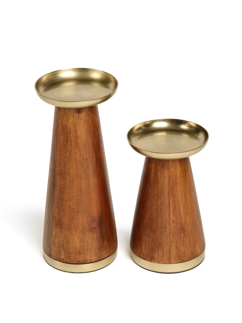 Candle Holder - Wooden Pillar With Brass Top Set of 2