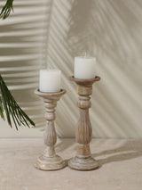 Wooden carved pillar candle holders set of 3