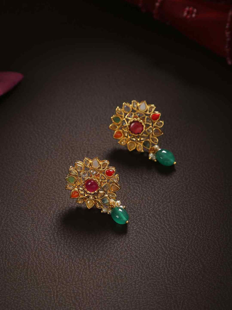 Kundan Earrings With Green Beads
