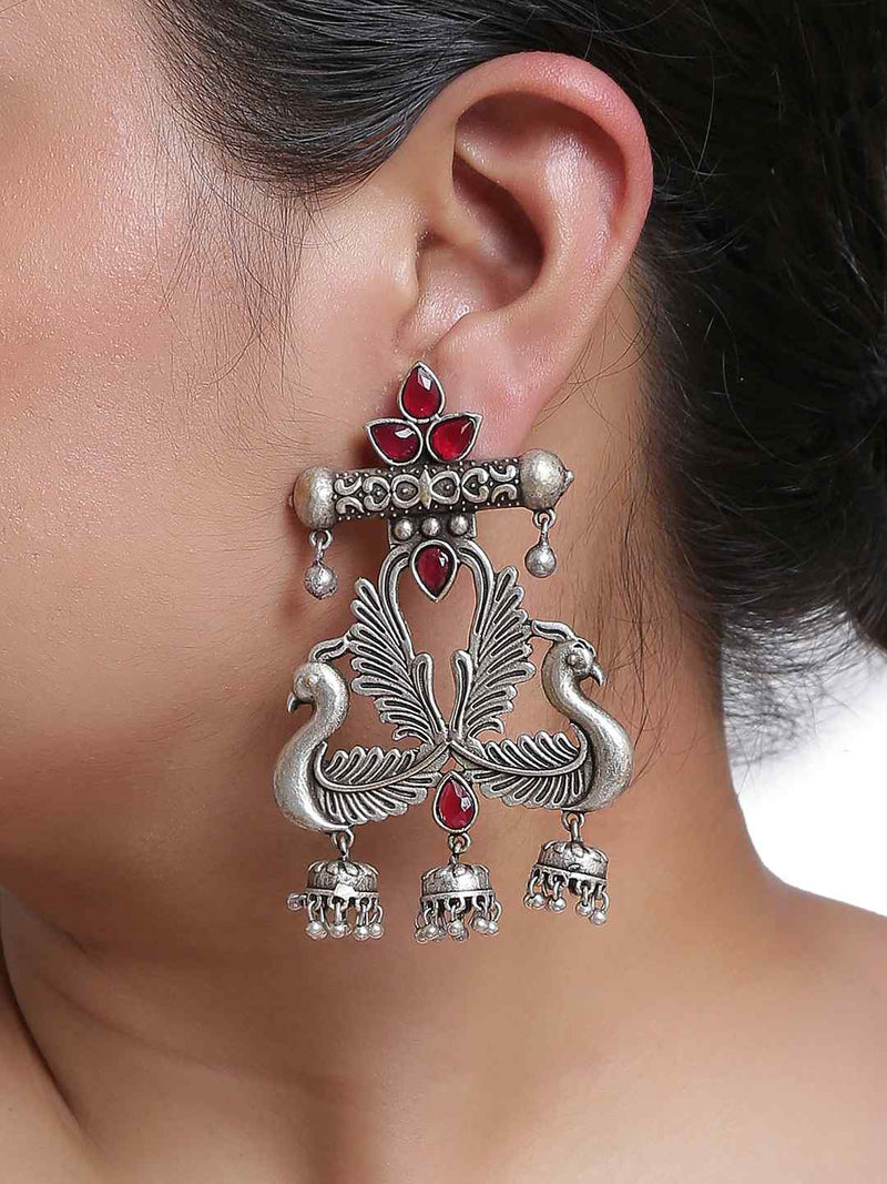 Earrings - Silver Tone With Pink Stones