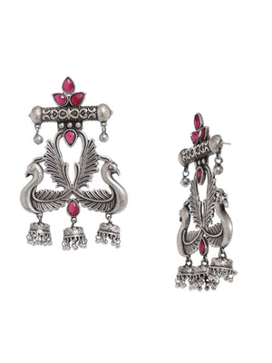 Earrings - Silver Tone With Pink Stones