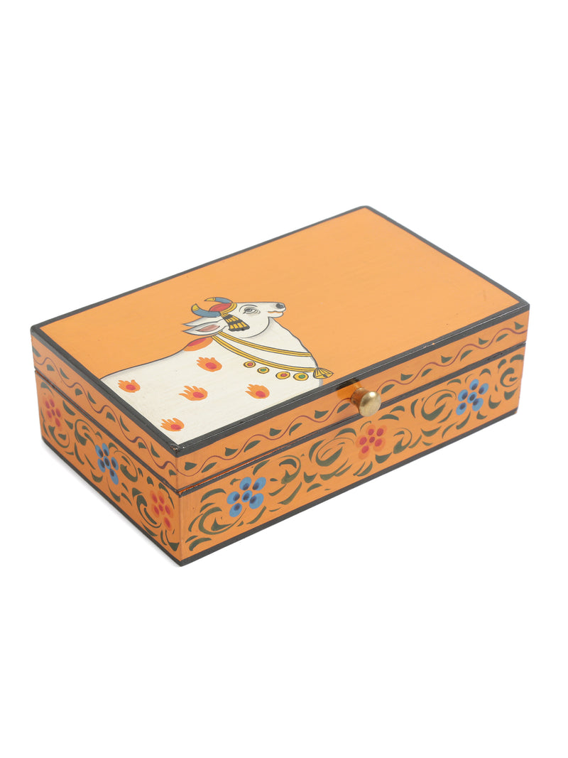 Beautiful Pichawai Hand painted Cow Box - Orange