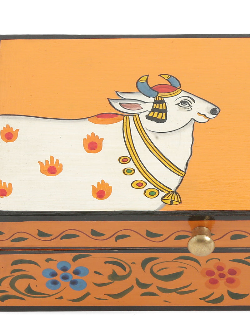 Beautiful Pichawai Hand painted Cow Box - Orange