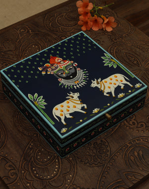 Pichwai Krishna Painted Box - Dark Blue