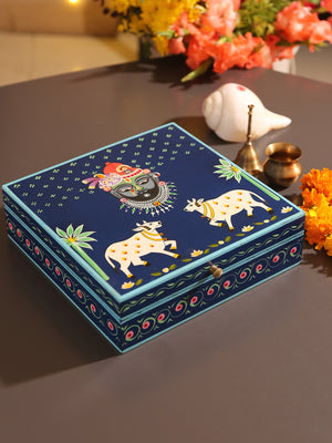 Pichwai Krishna Painted Box - Dark Blue