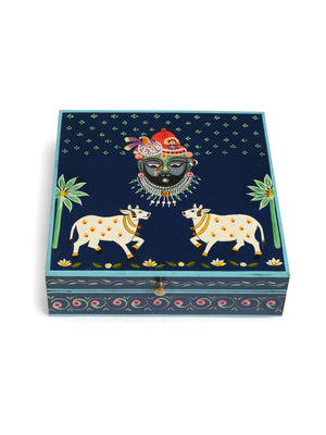 Pichwai Krishna Painted Box - Dark Blue