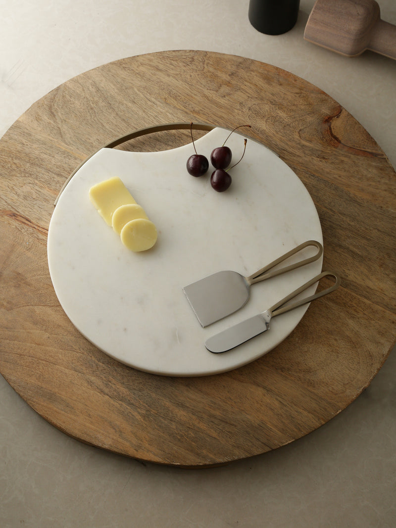 Chopping Board - Marble Cheese Board Cum Platter With Matt Gold Handle And Cheese Cutlery