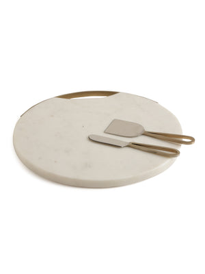 Chopping Board - Marble Cheese Board Cum Platter With Matt Gold Handle And Cheese Cutlery