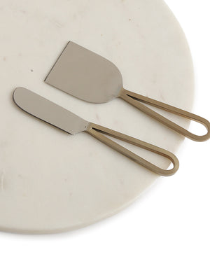 Chopping Board - Marble Cheese Board Cum Platter With Matt Gold Handle And Cheese Cutlery