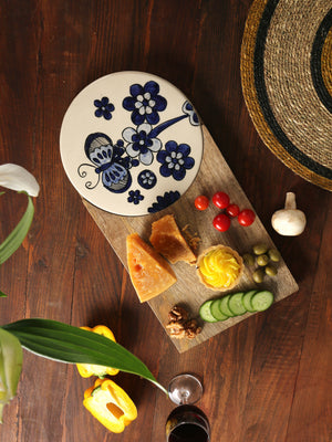 Chopping Board - Wood and Ceramic Cheese Board Cum Platter With Hand Painted Details