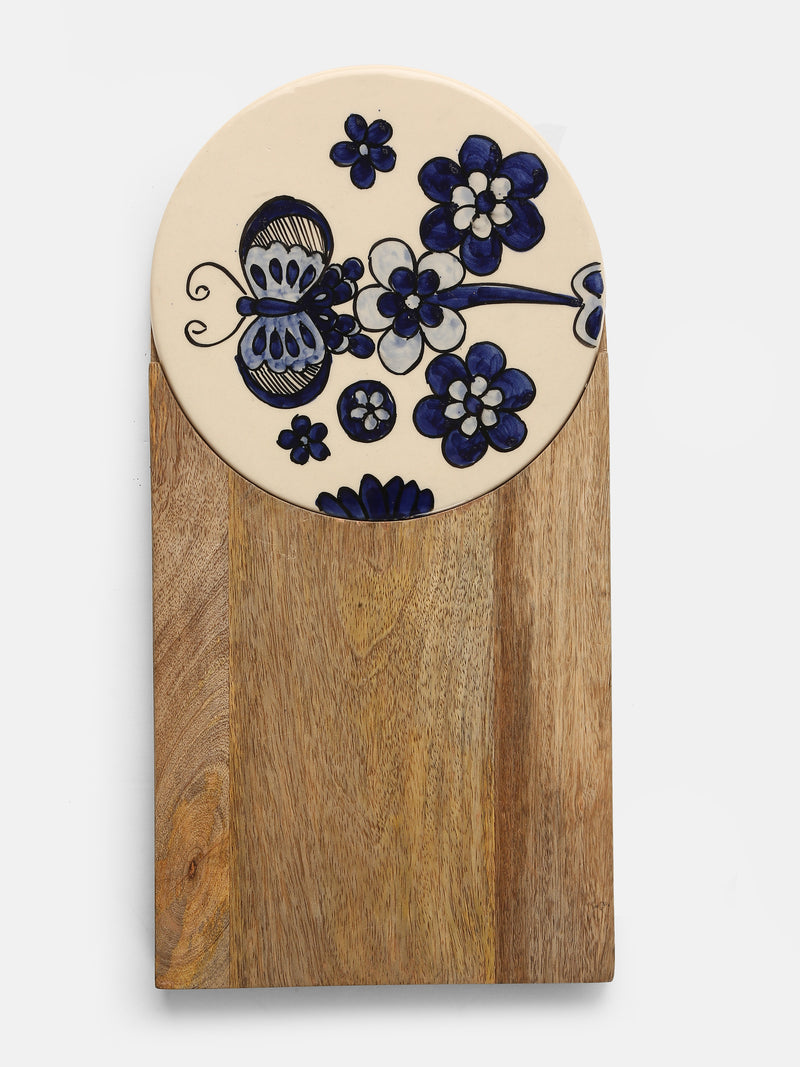 Chopping Board - Wood and Ceramic Cheese Board Cum Platter With Hand Painted Details