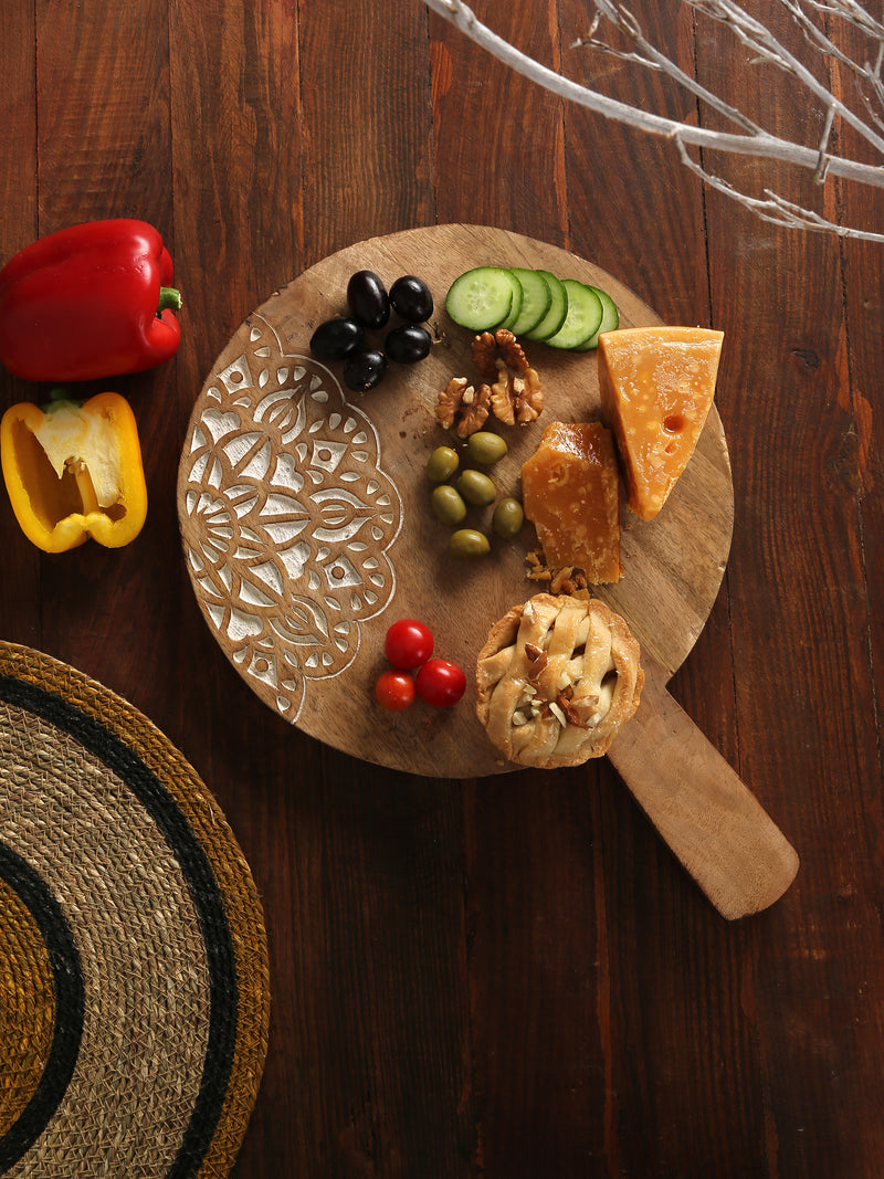 Round Cheese Board Cum Platter With Carved Flower