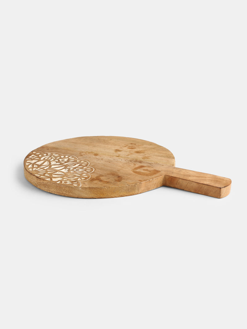 Round Cheese Board Cum Platter With Carved Flower