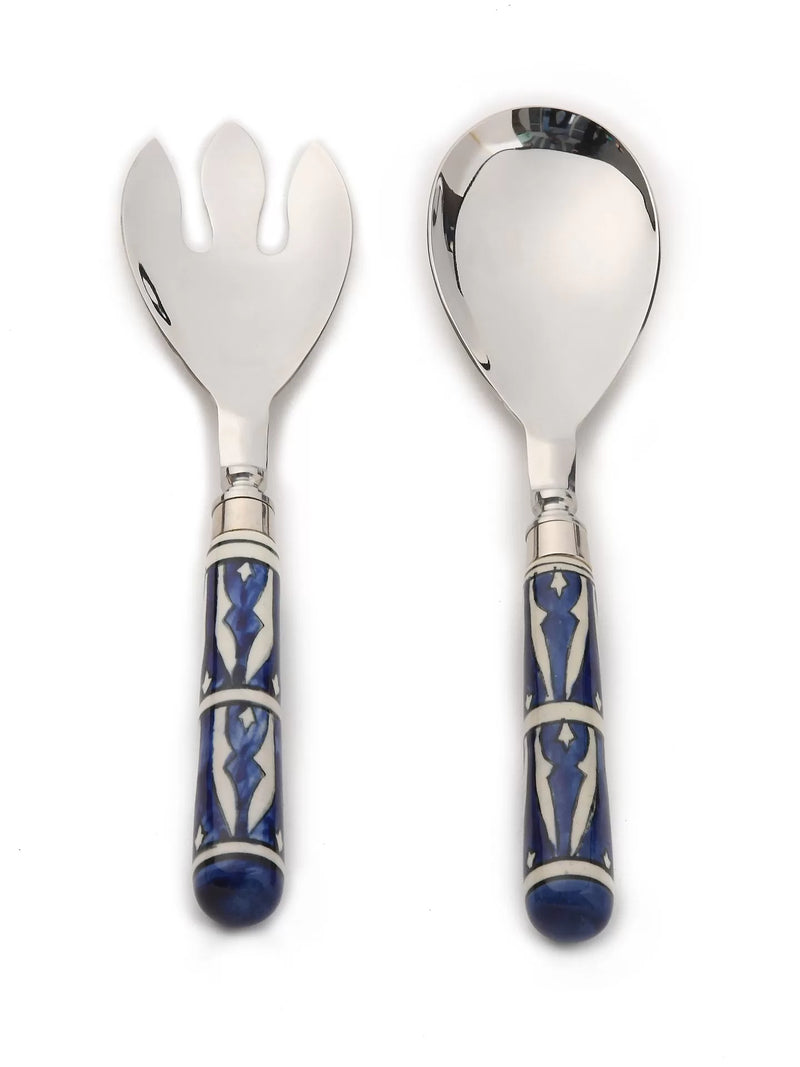 Salad Servers - Blue & White Set of 2 - Geometric Design