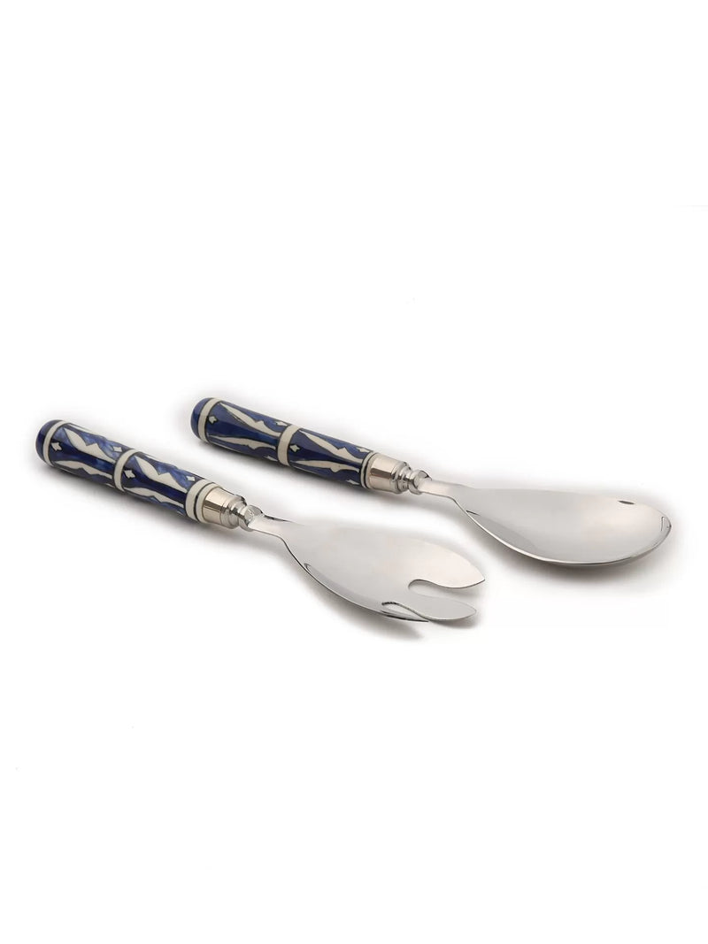 Salad Servers - Blue & White Set of 2 - Geometric Design