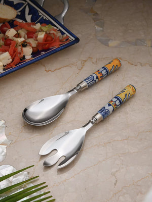 Salad Servers - Yellow & Blue Set of 2 - Flower Design
