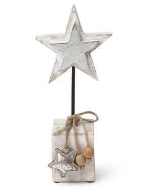 Wooden star with silver foiling decor crafted from mango wood and iron.