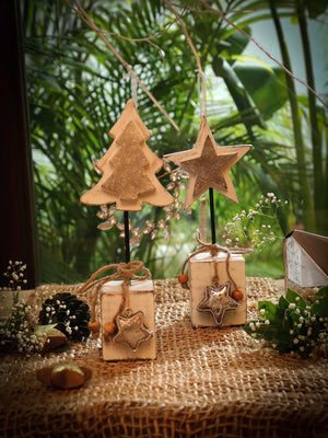 Set of wooden star decor with silver foiling in white and silver finish.