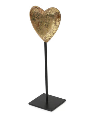 Gold foiled heart table decor crafted from mango wood with black iron stand