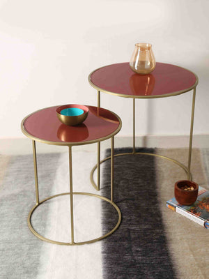 Nesting Tables - Pale Ruby Color Glass Top - Set of 2