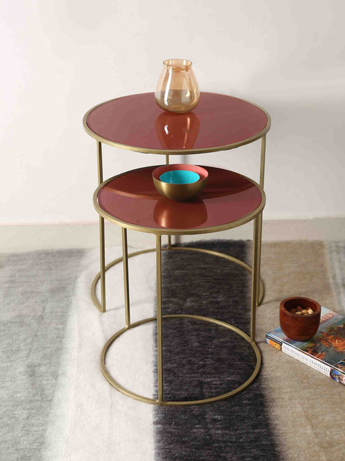 Nesting Tables - Pale Ruby Color Glass Top - Set of 2