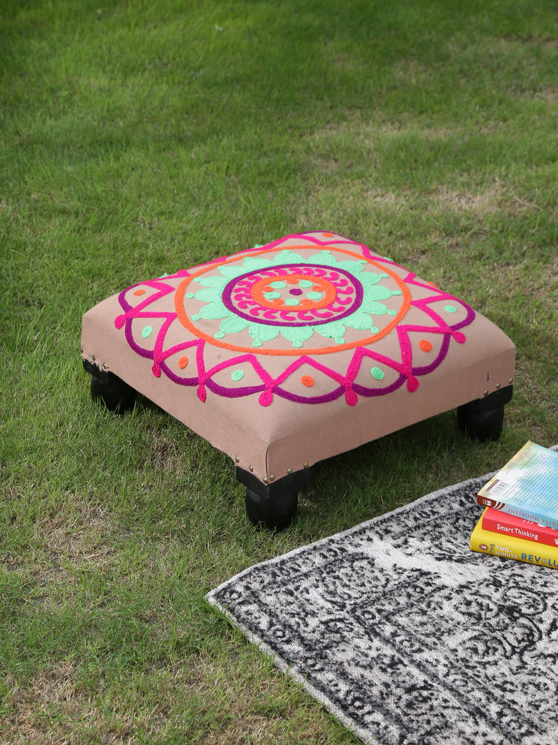 Embroidered cushion top wooden square choki stool