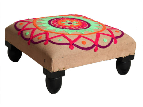 Embroidered cushion top wooden square choki stool