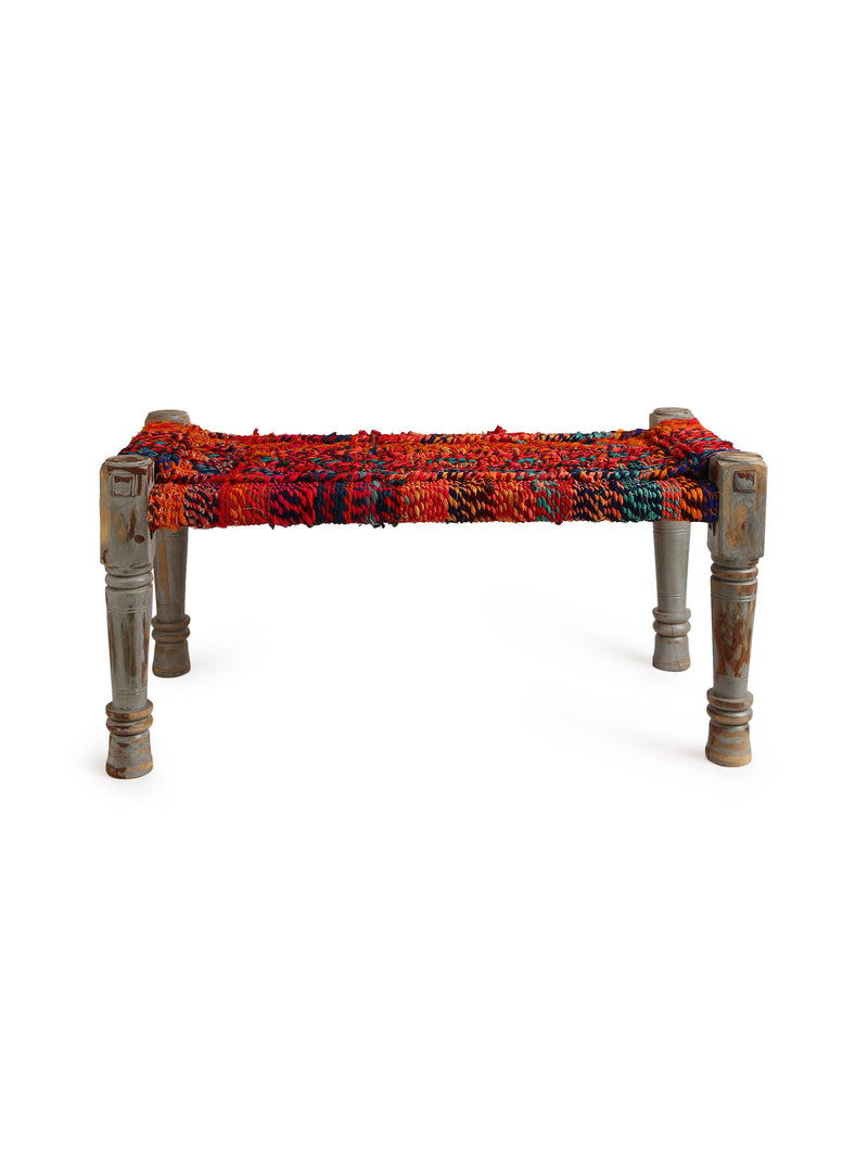 Wooden Bench - Colorful Chindi Weaving