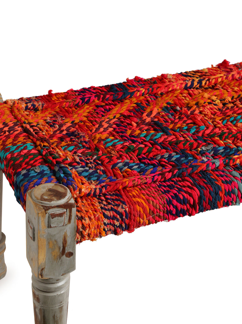 Wooden Bench - Colorful Chindi Weaving