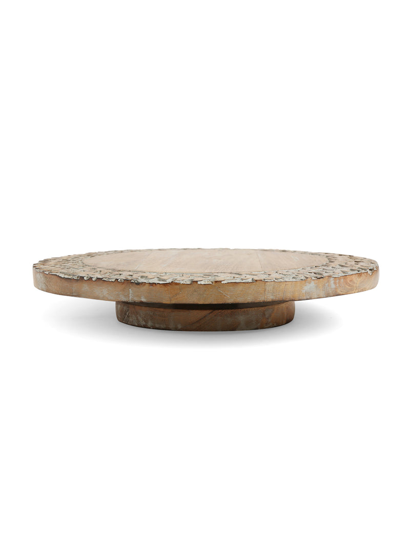 Chopping Board - Grey White Wash Finish Lazy Susan Platter With Hand Carved Border