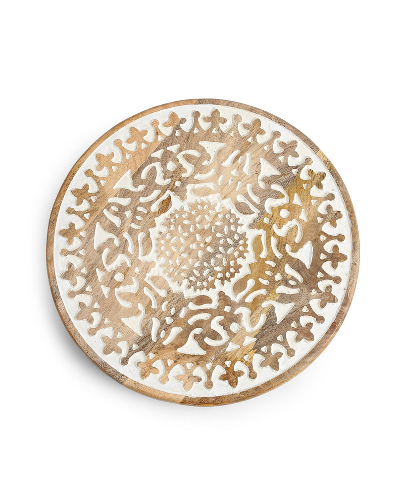 Chopping Board - Extensively Carved Lazy Susan Platter In White Wash Finish
