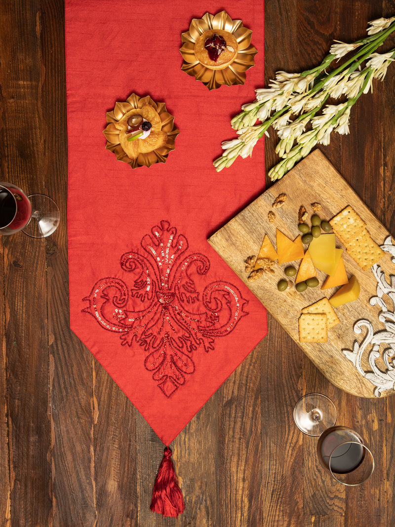 Table Runner - Red With Tone On Tone Beads Sequin And Tassels