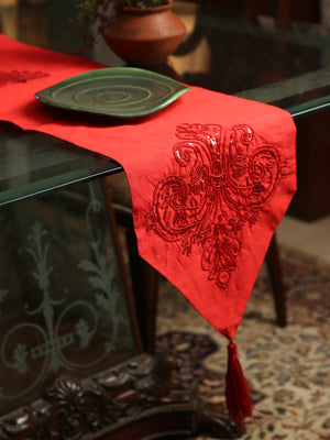 Table Runner - Red With Tone On Tone Beads Sequin And Tassels