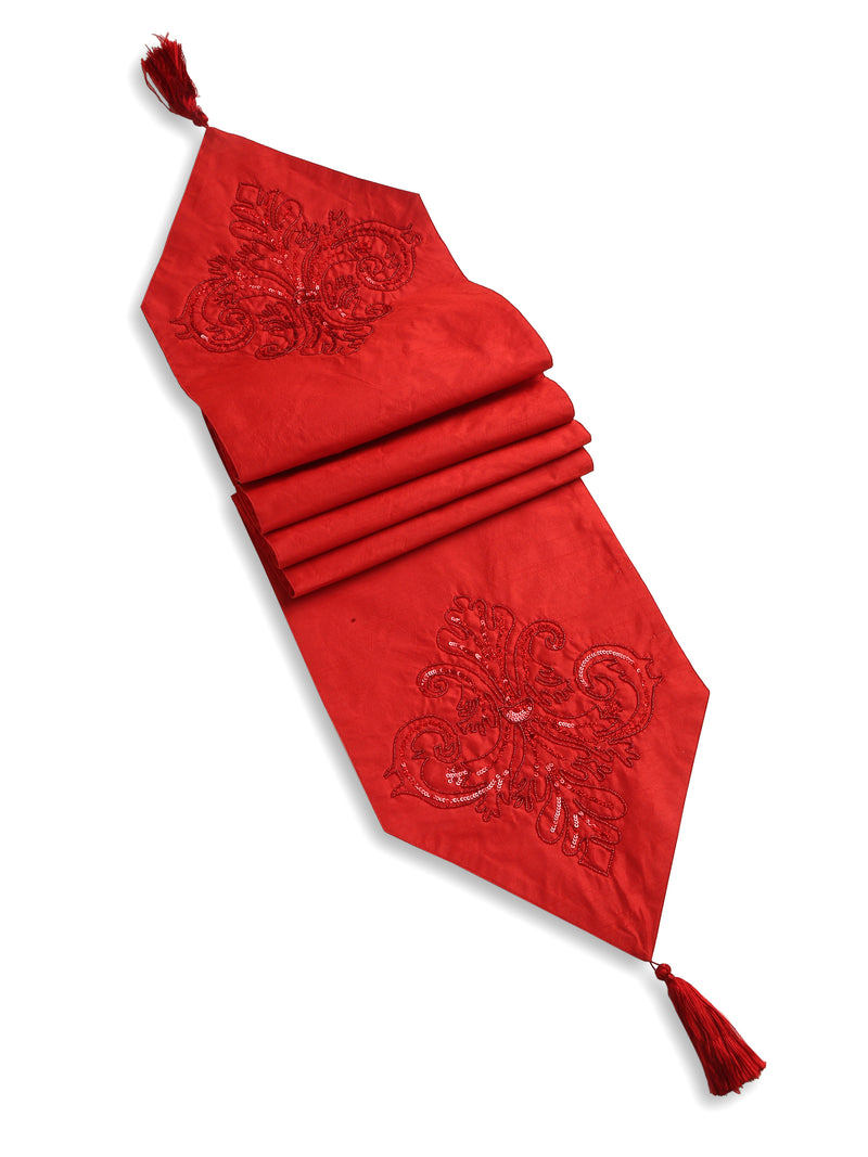 Table Runner - Red With Tone On Tone Beads Sequin And Tassels