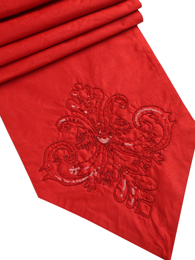 Table Runner - Red With Tone On Tone Beads Sequin And Tassels
