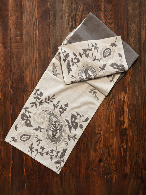 Table Runner - Ivory and Grey Embroidered