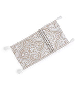 Table Runner - Mehrab Embroidered Table Runner With White Embroidery And Tassels On Beige Cotton