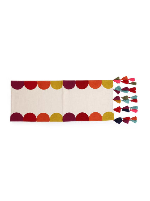 Table Runner - Elegant Cotton Table Runner With Multicolor Embroidered Border And Tassels
