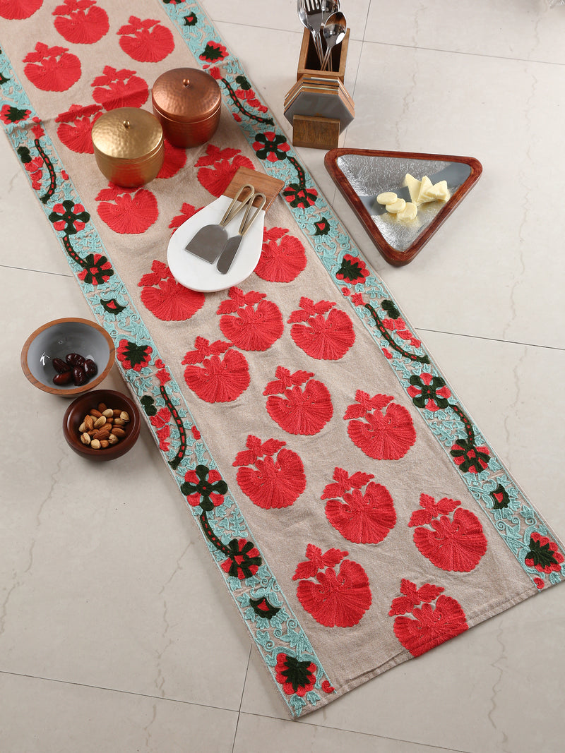 Table Runner - Moghul Design Inspired With Red Floral Embroidery