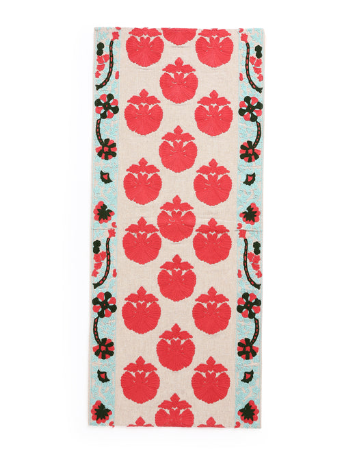 Table Runner - Moghul Design Inspired With Red Floral Embroidery