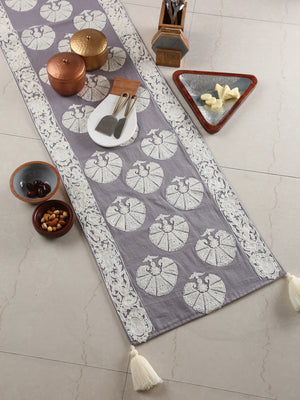 Table Runner - Moghul Design Inspired with White Floral Embroidery on Grey