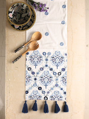 Stylish Amber Sky - Embroidered Off-White and Blue Table Runner with Tassels