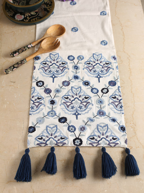 Stylish Amber Sky - Embroidered Off-White and Blue Table Runner with Tassels