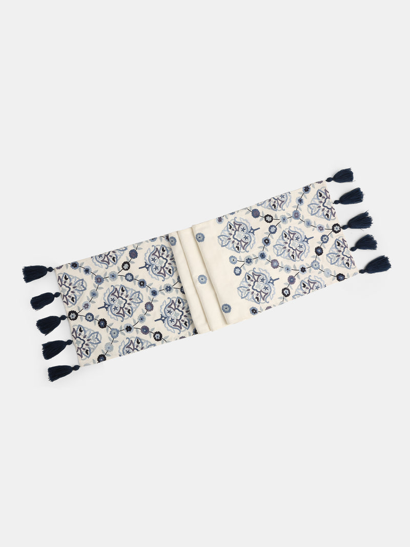 Stylish Amber Sky - Embroidered Off-White and Blue Table Runner with Tassels