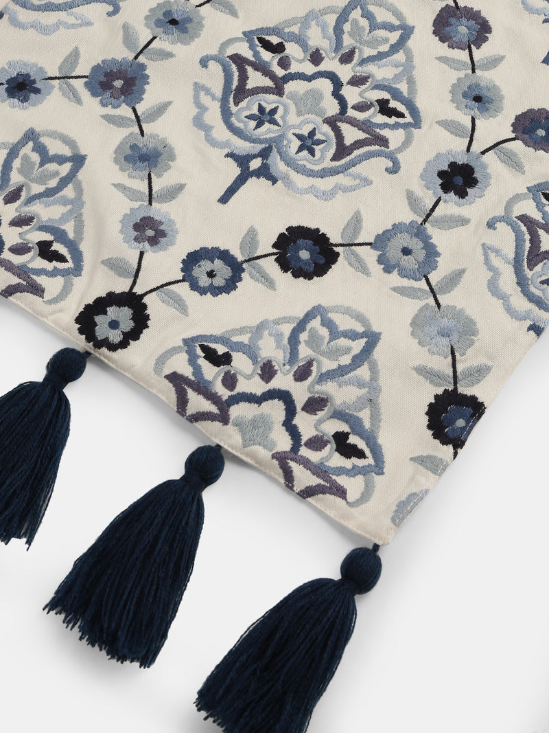 Stylish Amber Sky - Embroidered Off-White and Blue Table Runner with Tassels