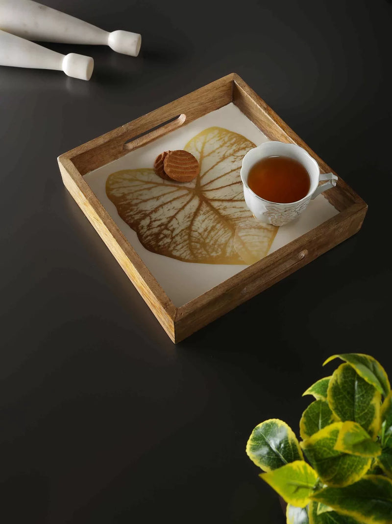 Tray - Mango Wooden In Enamel Finish With Gold Leaf Design
