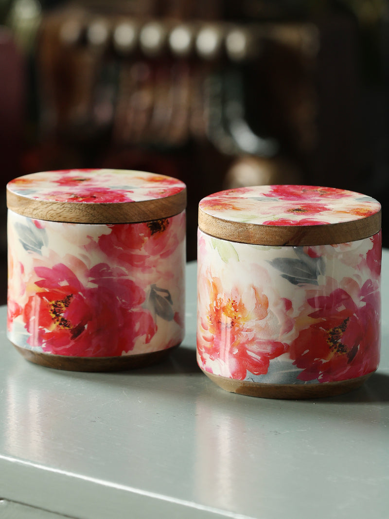 Flower Design Enamelled wooden Jar for Dry Snacks (Set of 2)