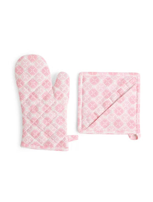 Kitchen Linen - Set of Flower Pattern Pot Holder, Glove, Apron and Kitchen napkins set of 2 (total 5 pcs)
