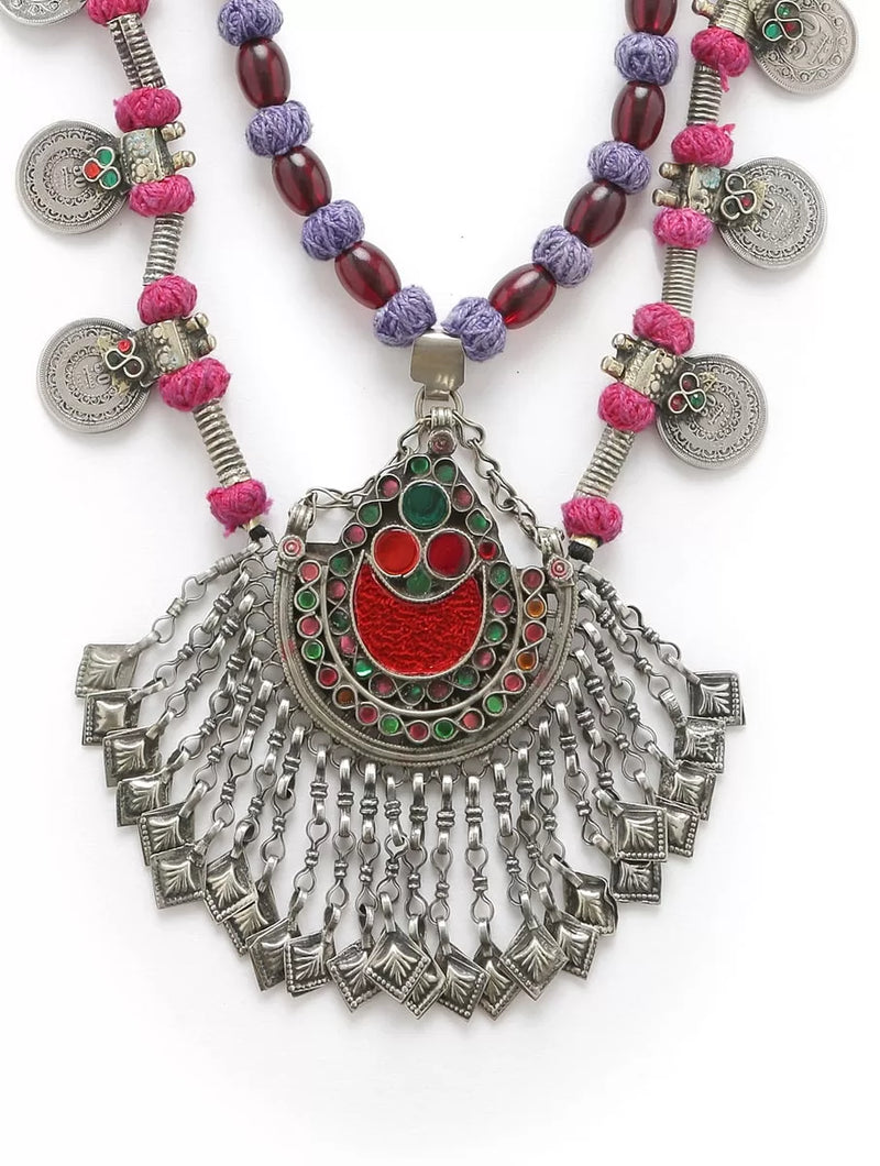 Necklace - Afghani Glass Detail With Coin And Thread - Red